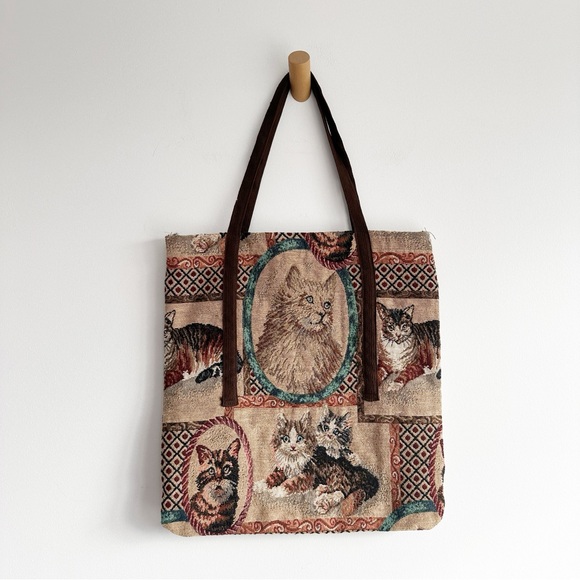 Cat Tapestry Tote Bag Brown Shoulder Purse - Picture 3 of 13